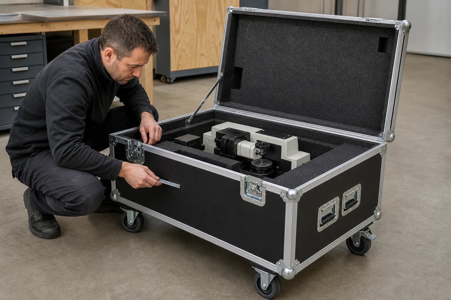 Technician inspecting a loaded first-article equipment case with fitted foam, recessed hardware and four floor-contacting casters