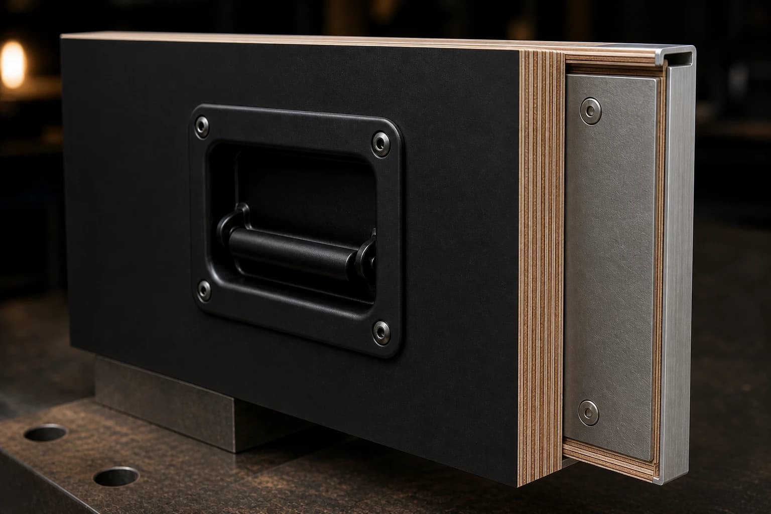 Continuous multiply flight-case panel coupon with thin black laminate, recessed handle flange, backing plate and a fitted aluminium edge profile