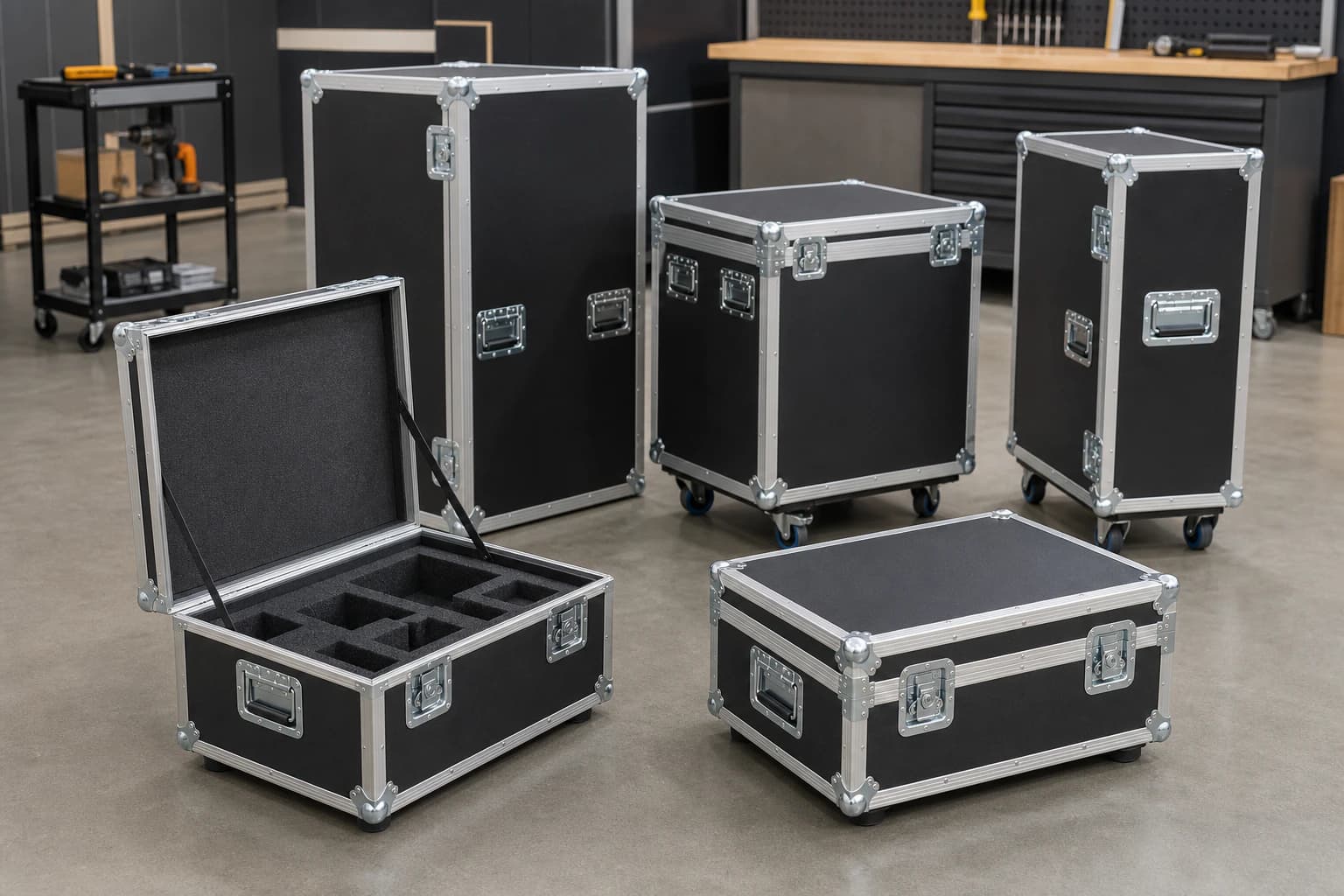 Different-sized reusable protective equipment cases staged for inspection, including one open foam-lined case and closed serviceable cases on casters