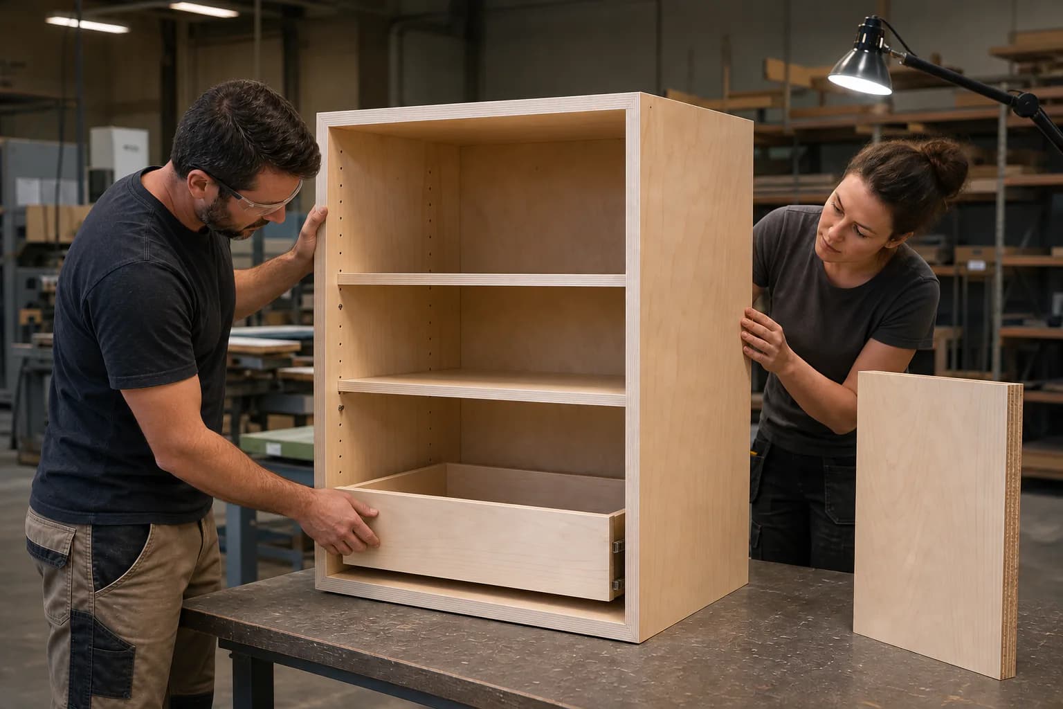 Two furniture workers checking cabinet alignment, shelf fit, drawer movement and exposed plywood edges