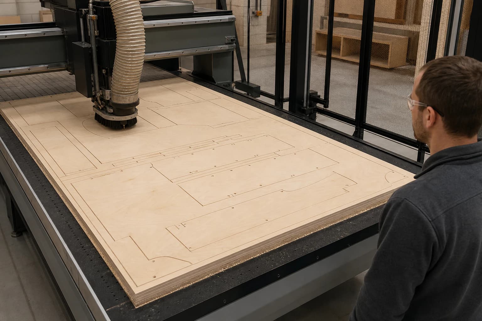 CNC router cutting nested cabinet components from a full-size birch-faced plywood sheet on a vacuum table