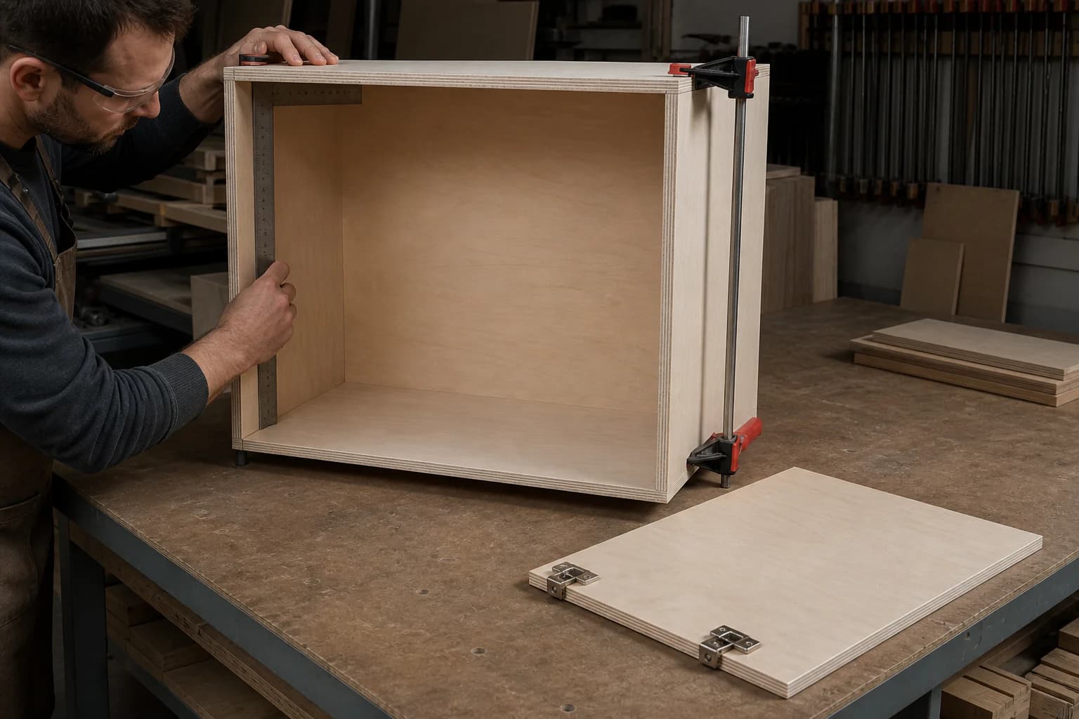 Furniture-grade plywood cabinet carcass clamped square while a worker checks the internal corner