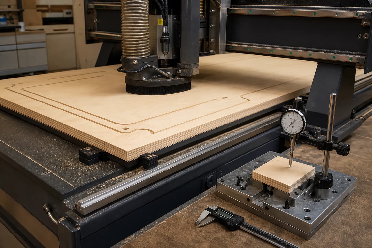 Furniture plywood fully supported on a CNC bed beside a fixed first-article inspection gauge