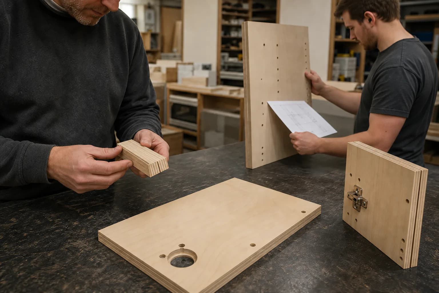 Furniture workers visually checking a layered birch plywood edge sample, drilling layout and concealed-hinge component