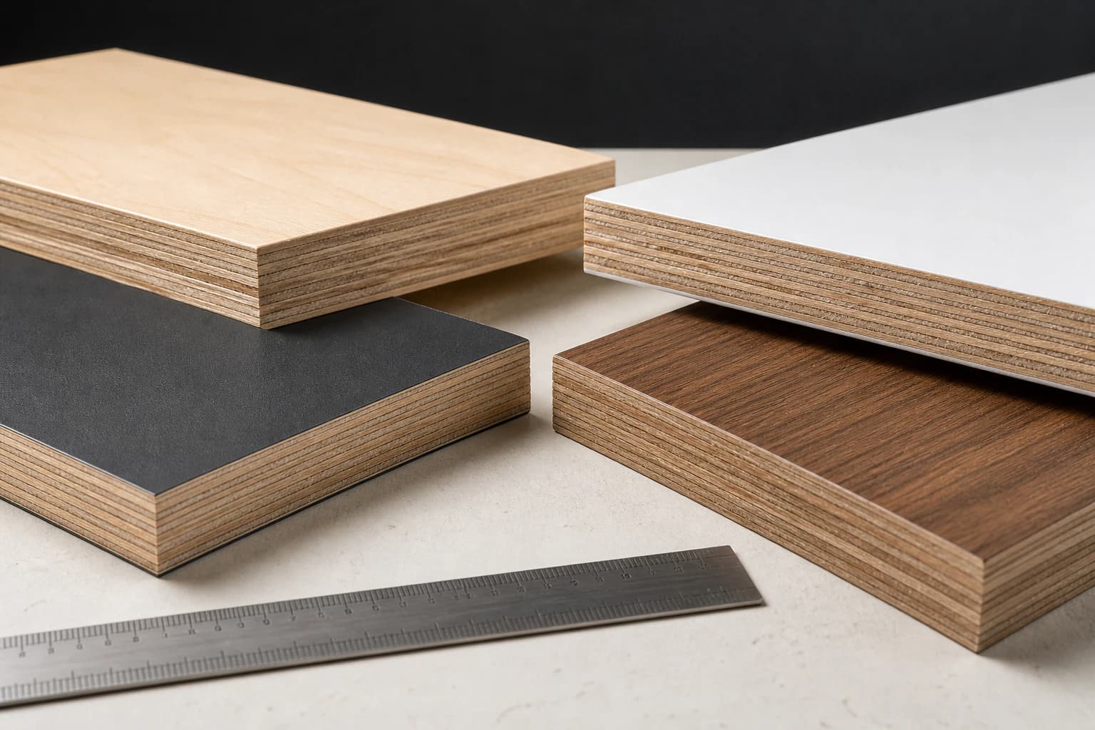 Natural birch, white melamine, charcoal HPL and decorative veneer faces shown on distinct plywood sample corners