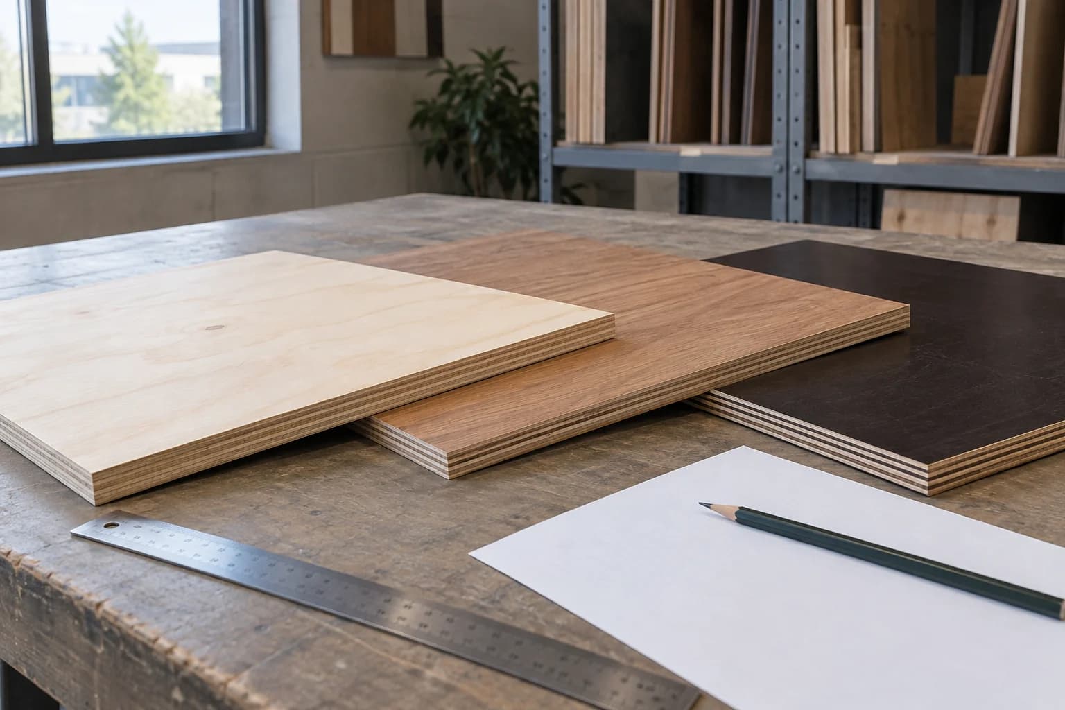 Three thin plywood face and finish samples beside a ruler, pencil and specification paper