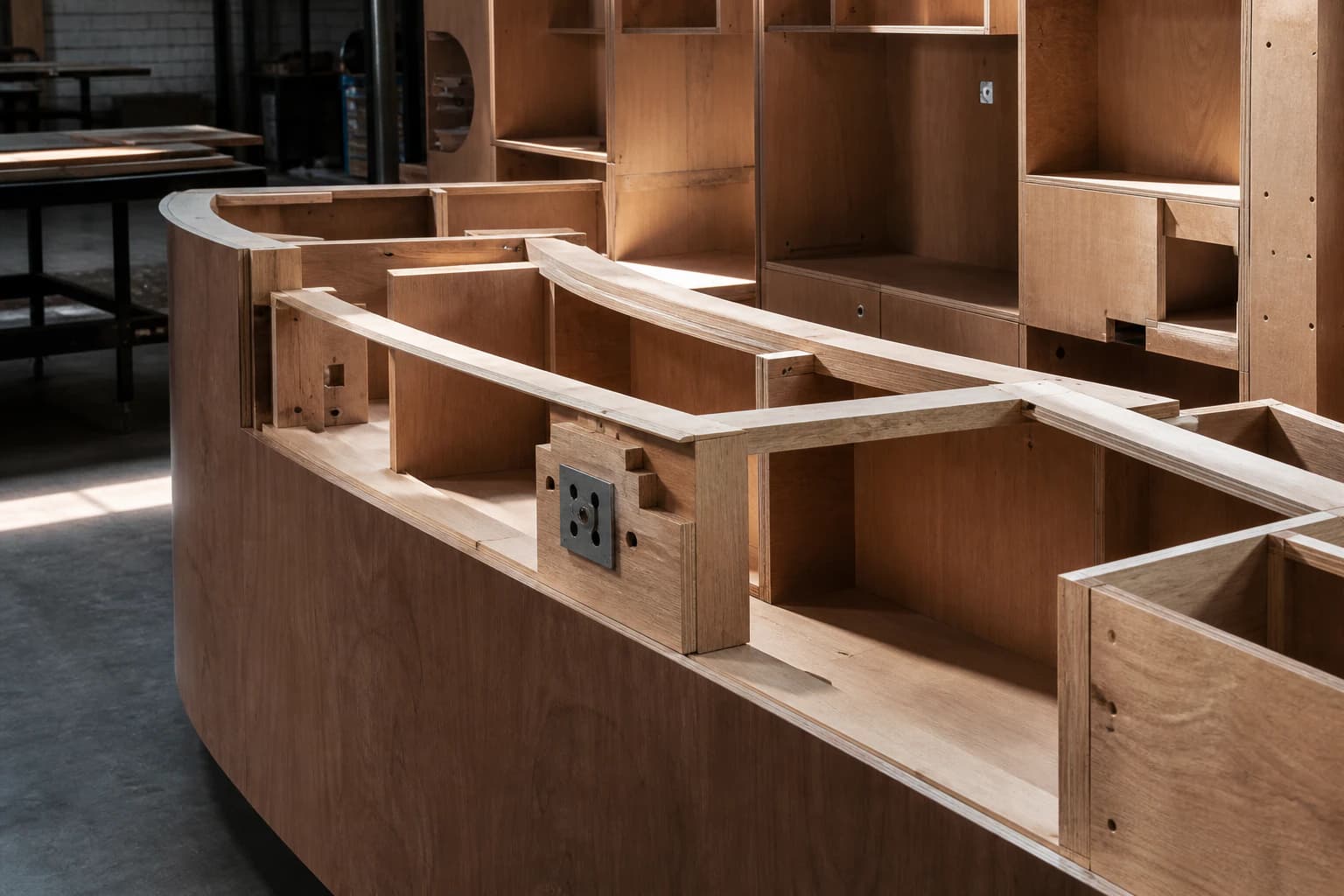 Partially assembled hardwood plywood millwork showing curved edges, joints and hardware blocks
