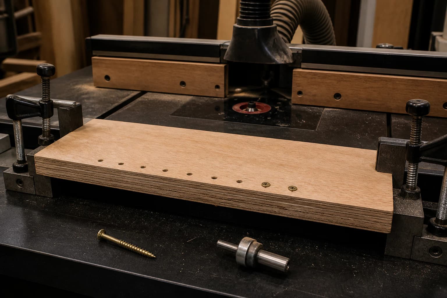 Hardwood plywood coupon clamped on a router table with pilot holes and perpendicular screws