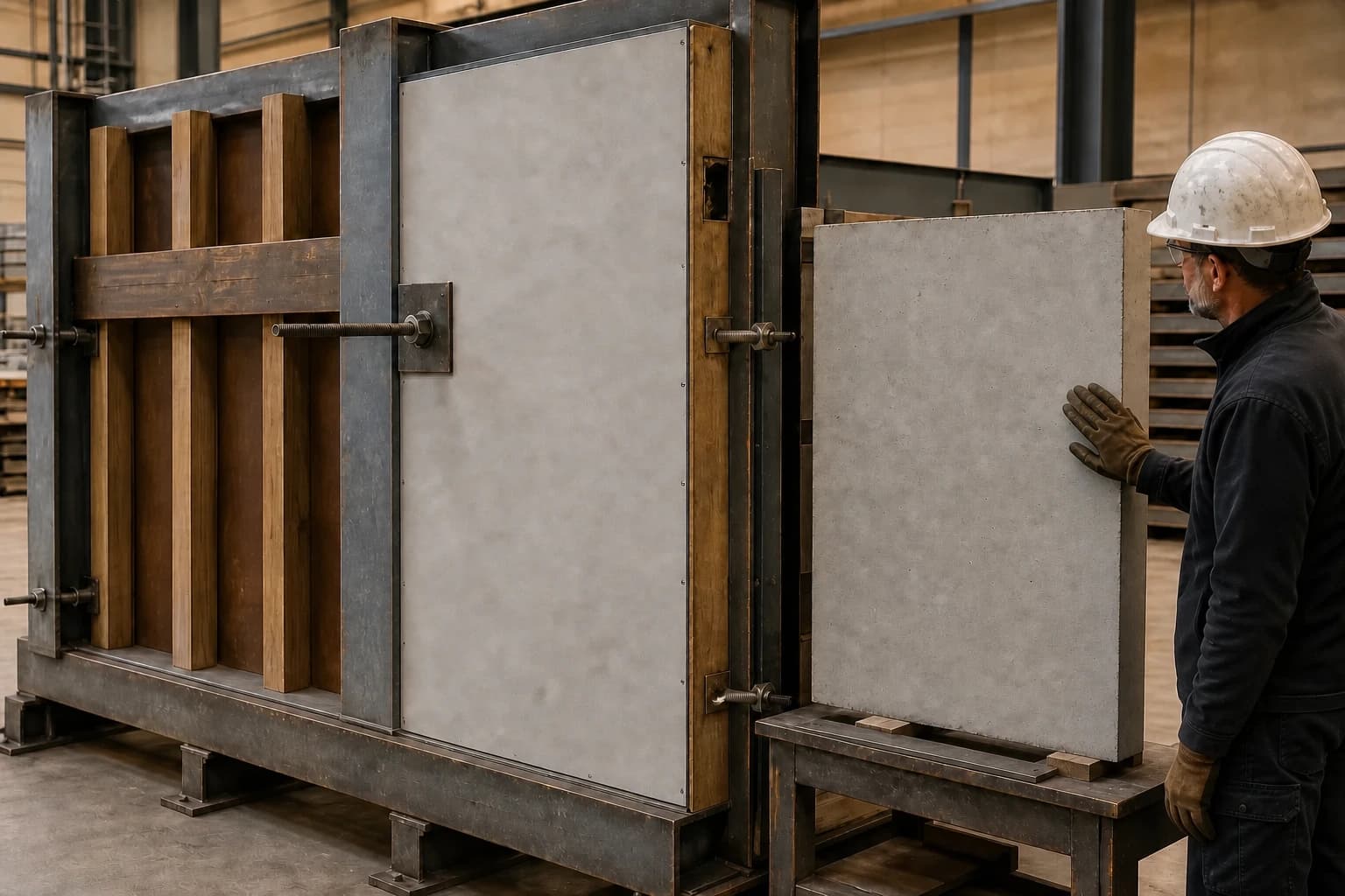 One operator reviews a supported HDO wall-form assembly and cured concrete face sample with one gloved hand naturally touching the sample and the other resting at his side