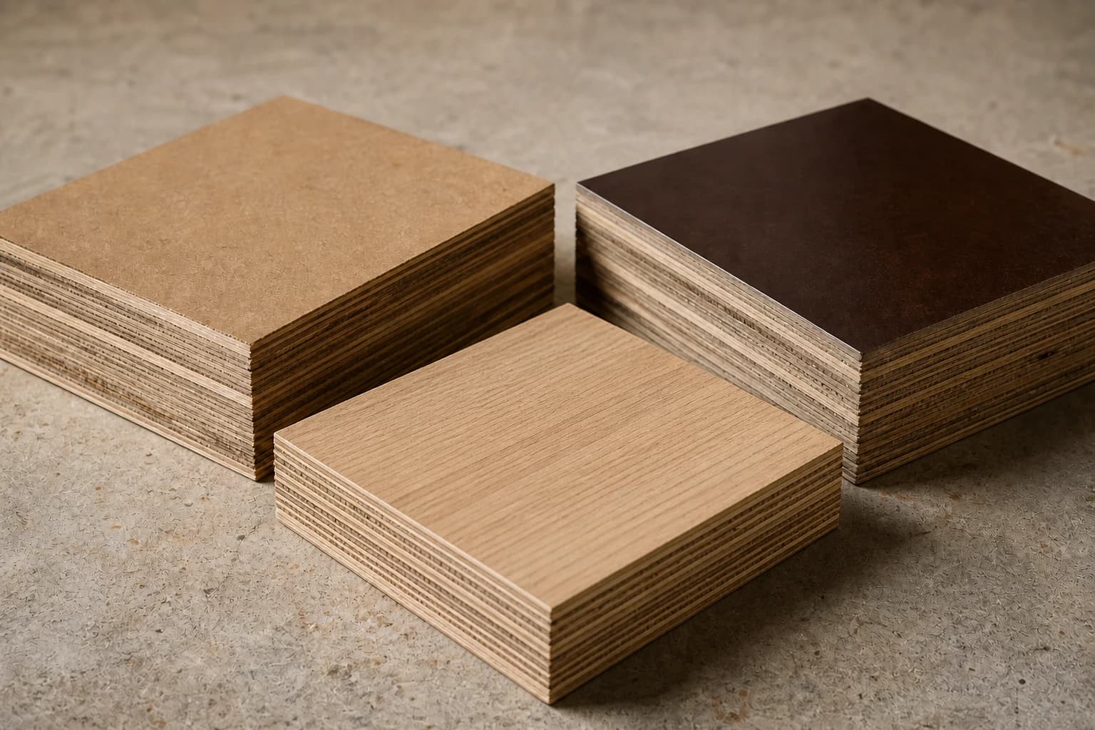 Separate MDO, HDO and raw plywood reference samples showing matte kraft and dark hard overlays beside a continuous sanded veneer face with cross-laminated layers visible only at the edges