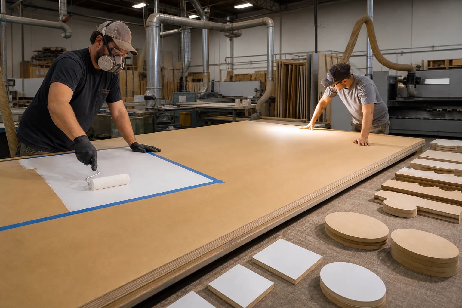 MDO plywood paint-base panel being primed on a supported fabrication table beside plywood sign blanks