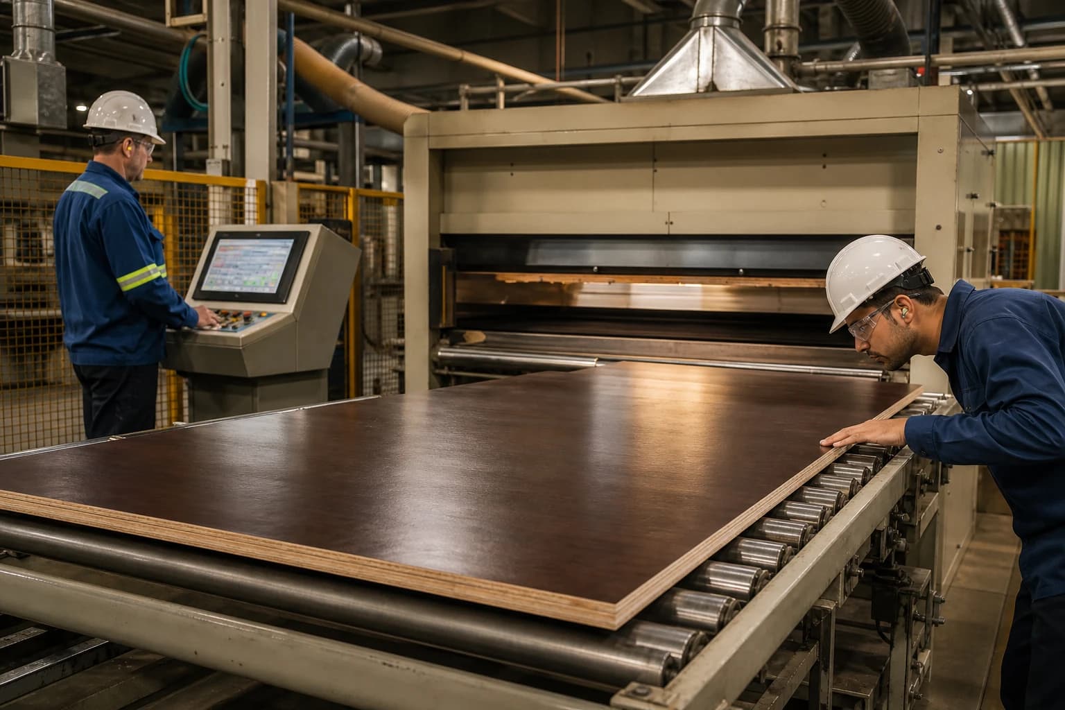 A fully supported overlaid plywood panel being checked for surface continuity at an industrial press and inspection line