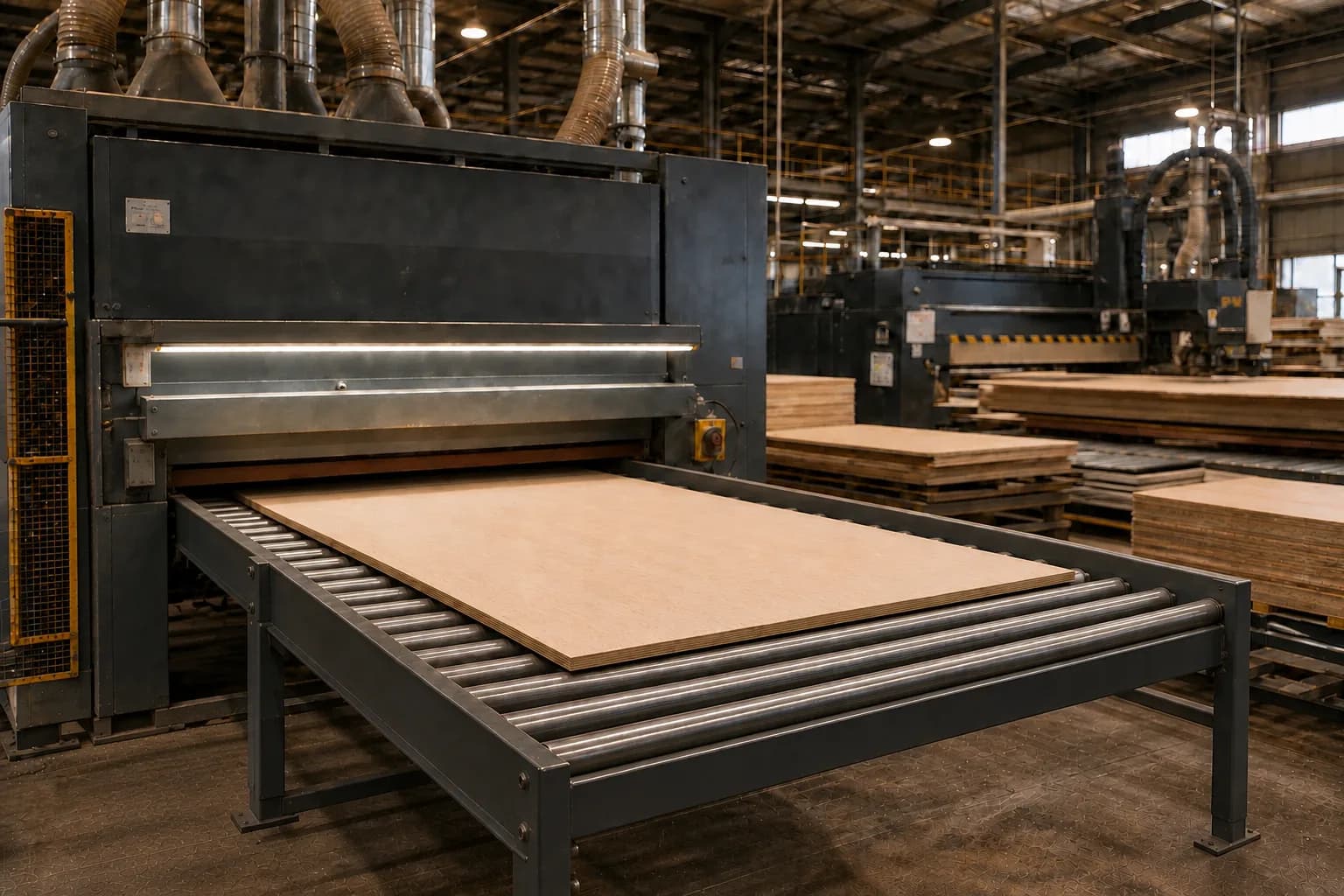 Plywood panel lying flat on a roller conveyor beside panel-calibration equipment
