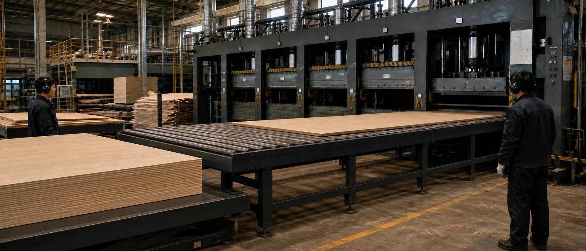 Full-size plywood panel leaving a hot press onto a level supported roller line toward a lift platform