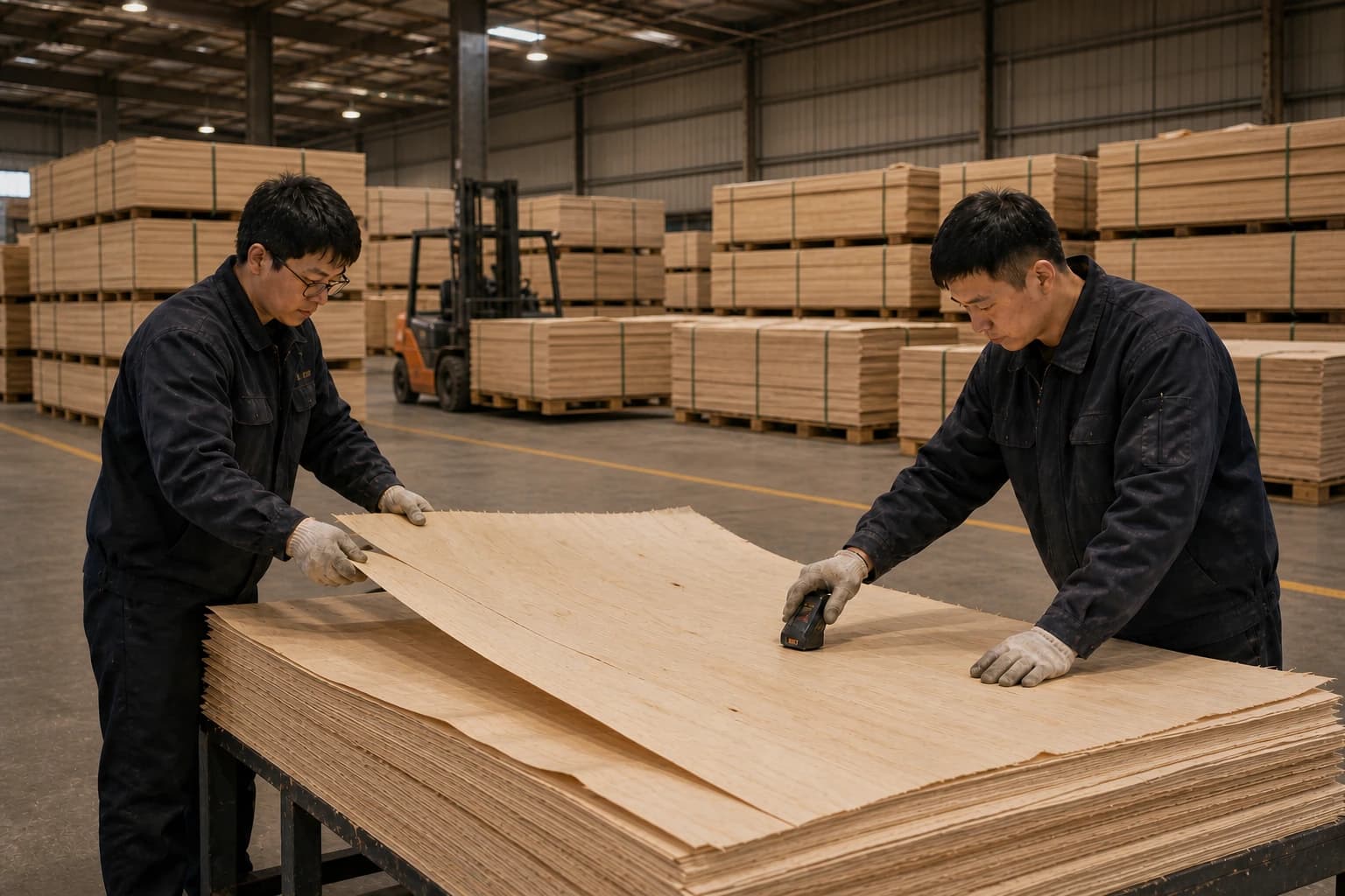 Two operators inspecting flexible veneer sheets beside strapped raw veneer bundles and a forklift in the material warehouse