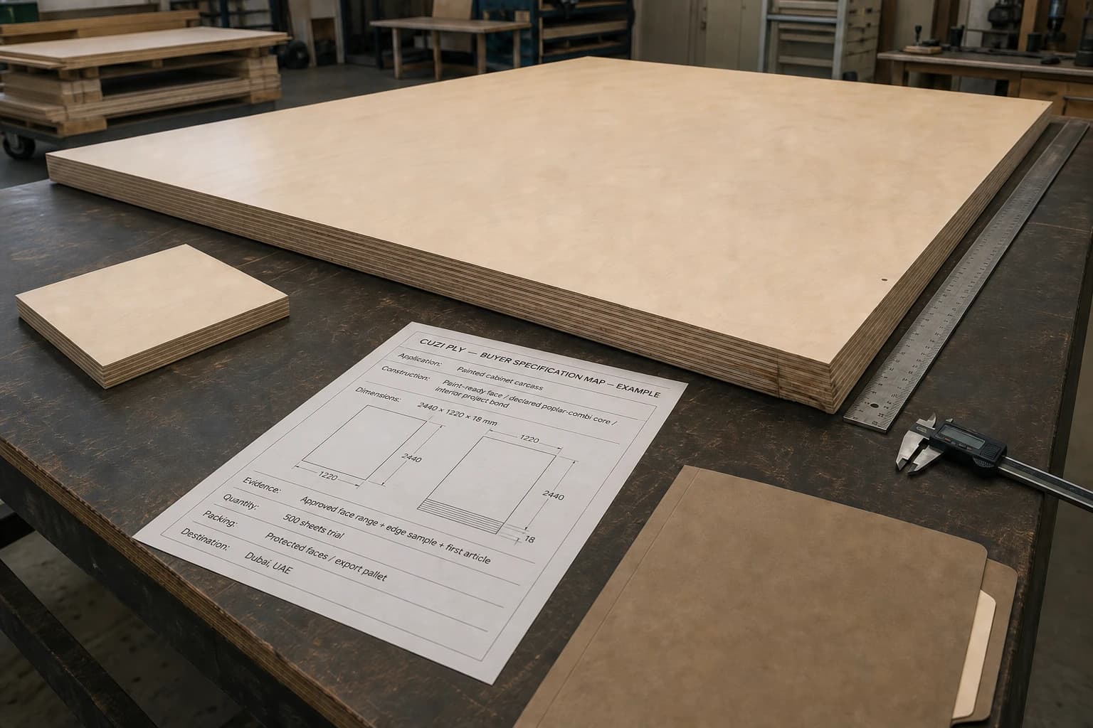 Full plywood panel, edge sample and completed example buyer specification arranged with a rule and drawing