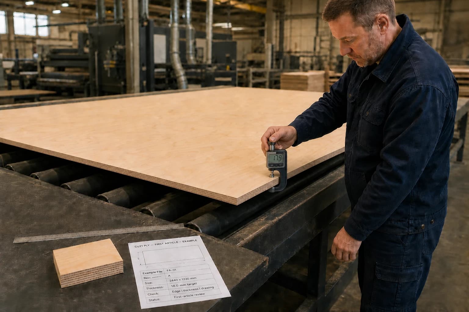 Technician using a compact vertical digital C-frame thickness gauge to measure a supported 17.9 mm plywood first article beside a completed example file
