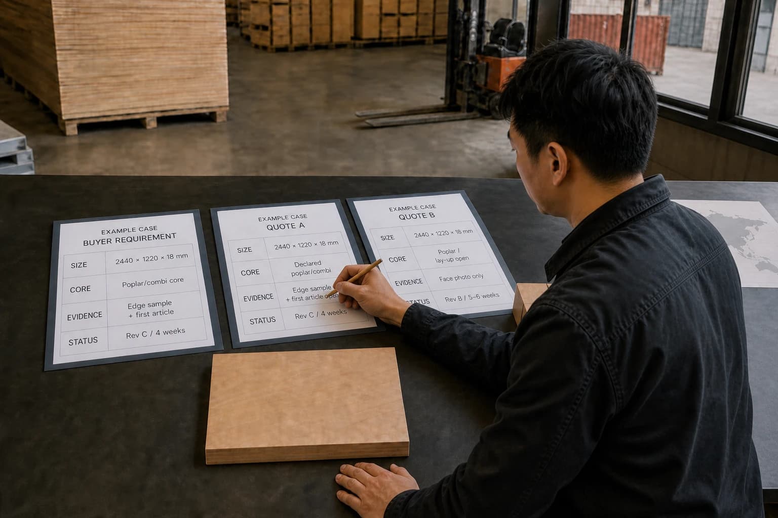 Worker writing in the completed Quote A example sheet from a natural seated position beside Buyer Requirement and Quote B comparison files