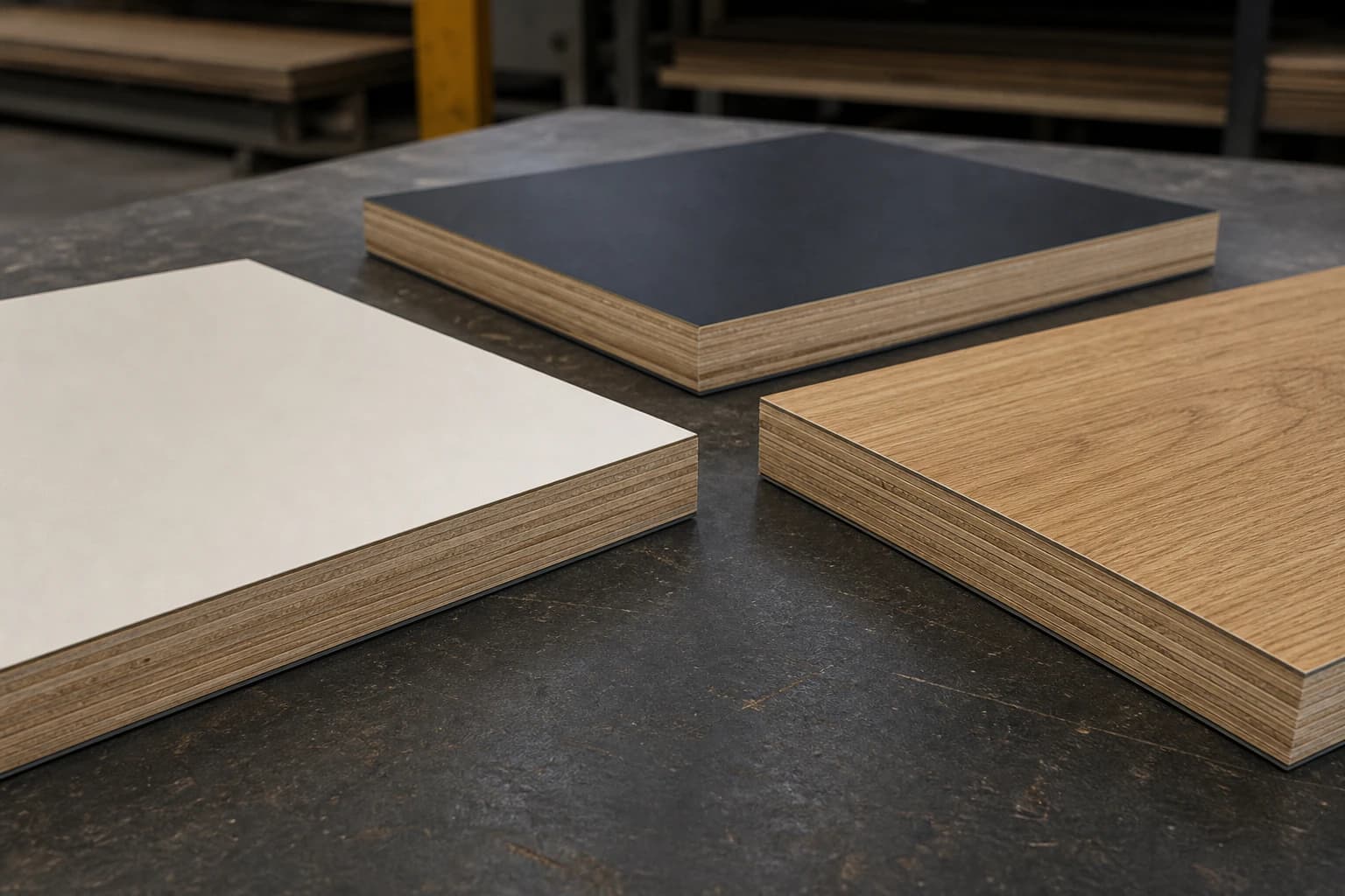 Three HPL-faced plywood panel samples showing thin laminate faces, fine adhesive lines, cross-laminated plywood edges and balanced reverse faces on an industrial inspection table.