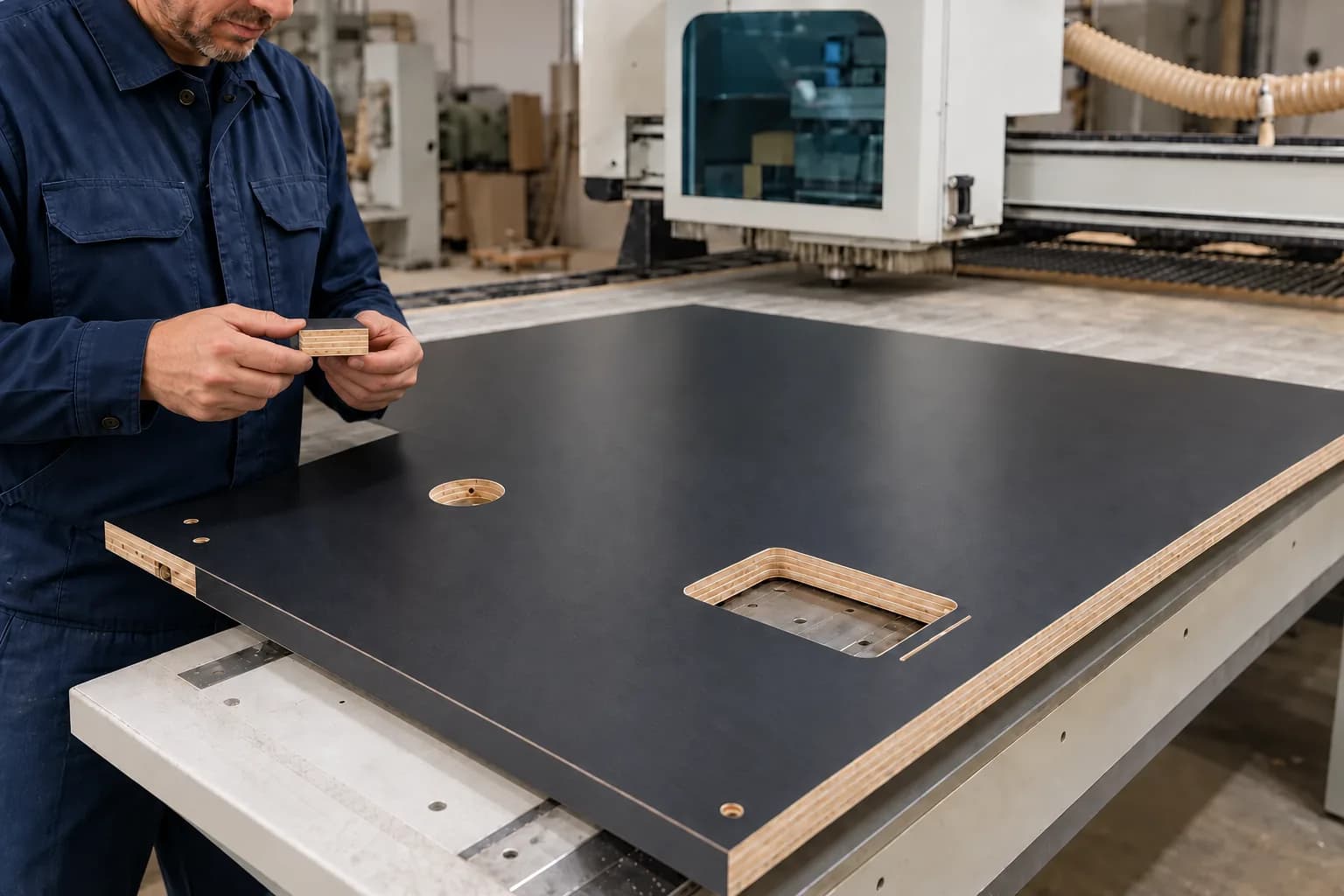 Operator visually inspects an HPL plywood edge coupon beside a supported commercial fabrication workpiece with exposed cross-laminated edges and CNC cutouts.