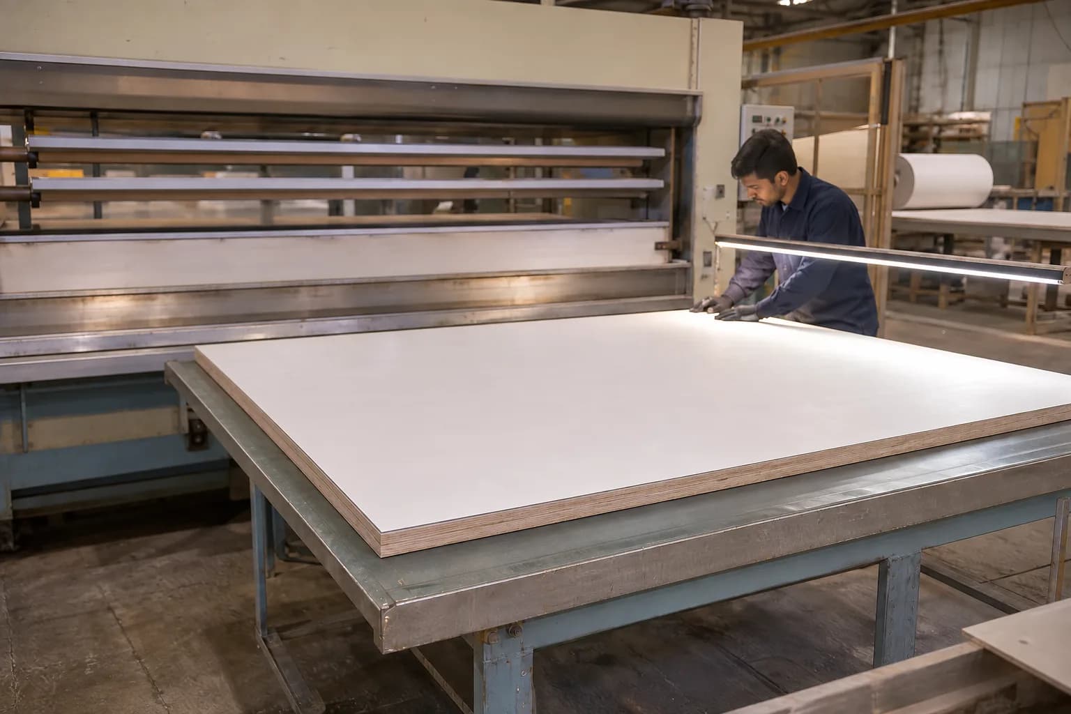 One operator checks a fully supported white HPL plywood panel at a level flat-press lamination station with the laminate aligned to the plywood substrate and no loose measuring tool on the work surface.