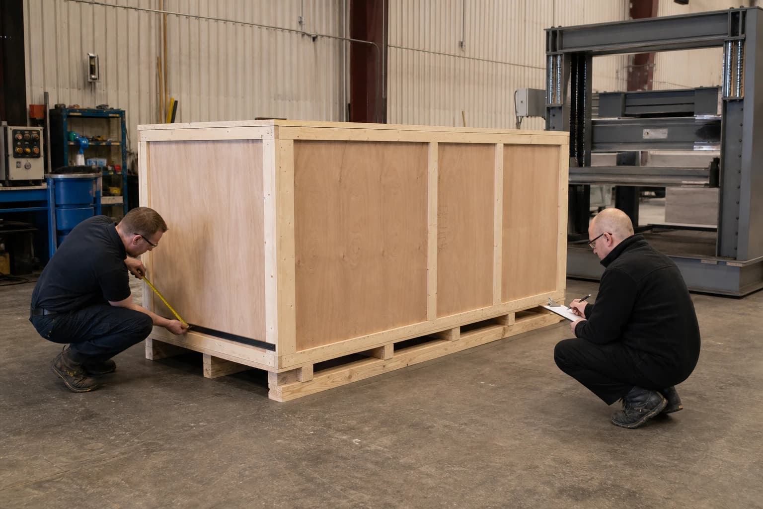 Two technicians inspect dimensions, fasteners and the skid of a complete industrial shipping crate beside a test frame