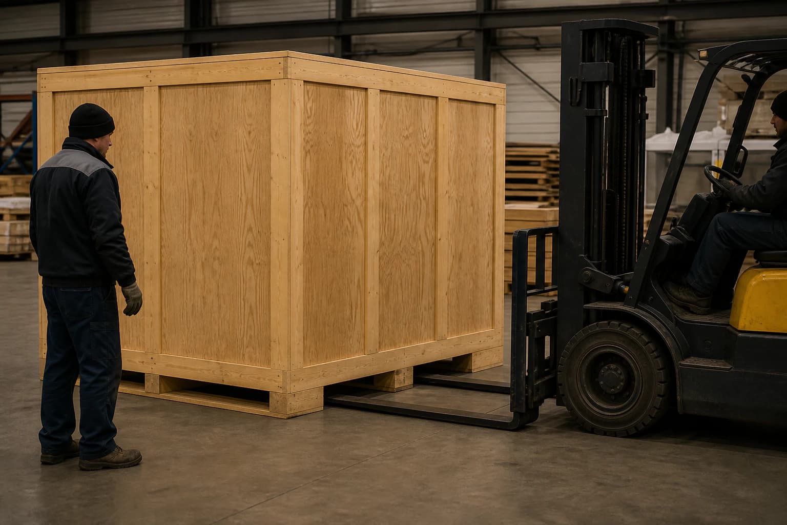 Forklift aligned with open fork-entry tunnels beneath a level plywood-sheathed industrial crate while a spotter observes