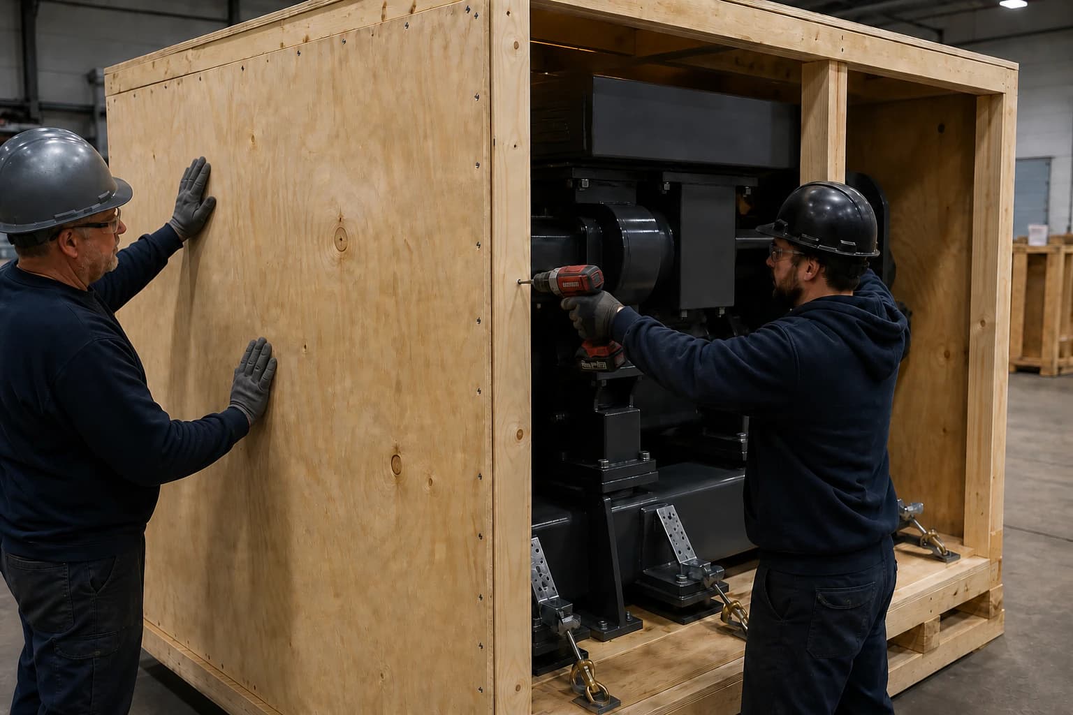 Workers with anatomically correct gloved hand positions stabilizing and fastening plywood sheathing to an industrial crate frame around a machine restrained separately to the base