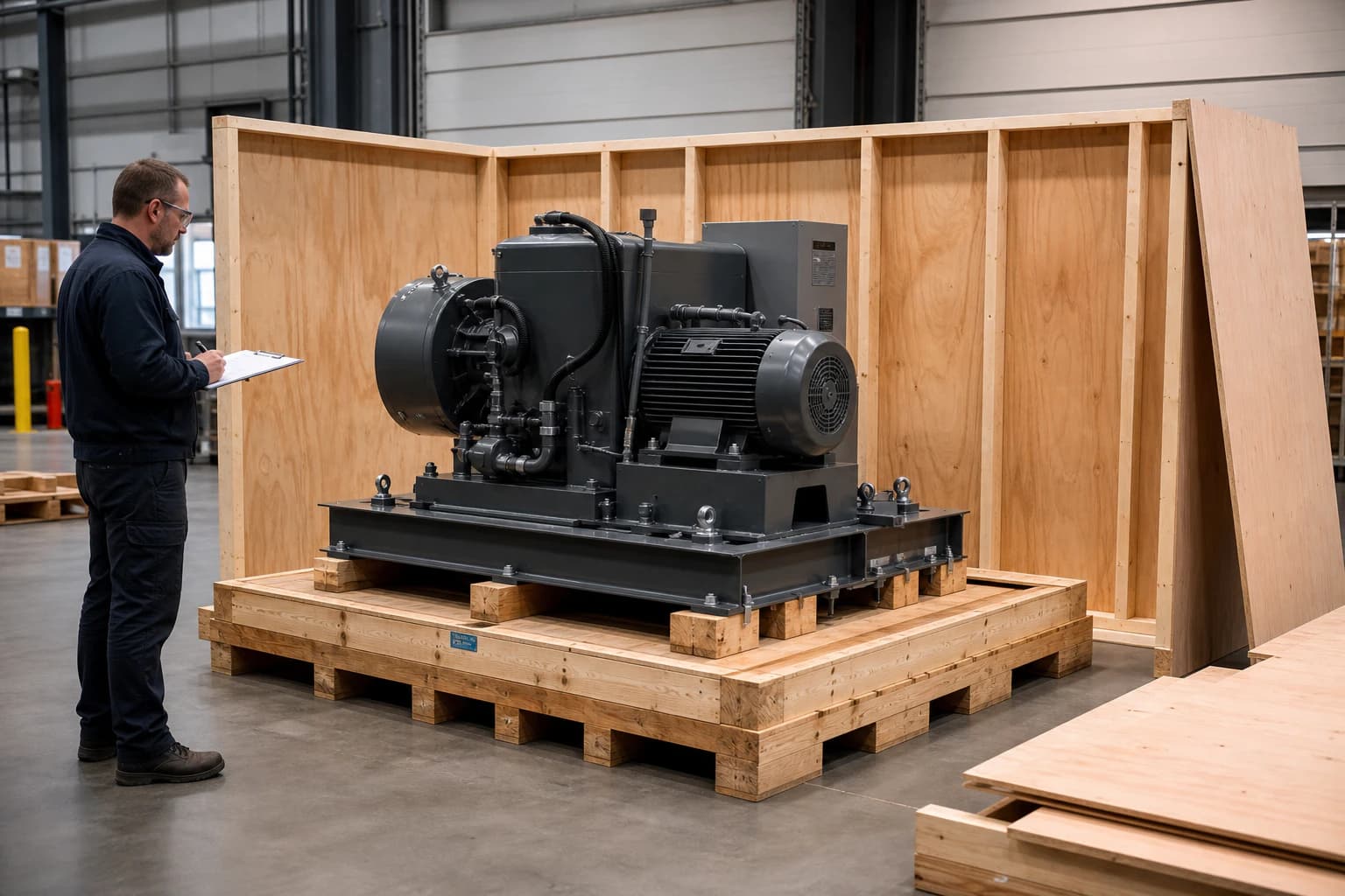 Industrial machine bolted to a supported skid base beside a timber frame and staged plywood sheathing panels