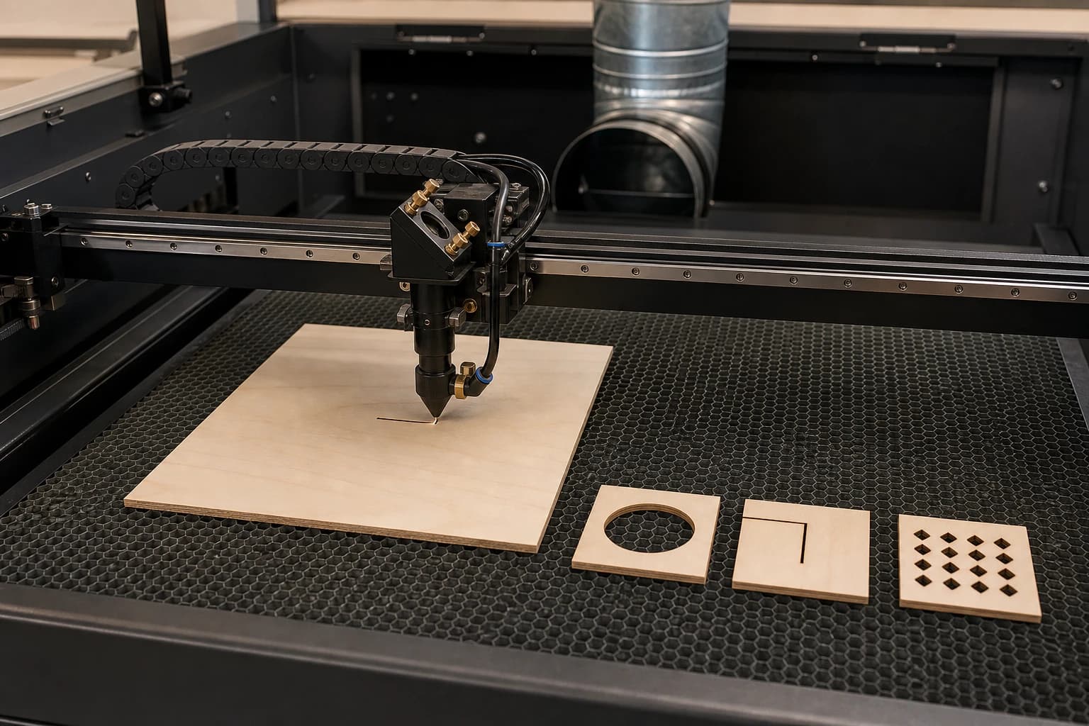 Thin birch-faced plywood and clean geometric trial coupons on a supported laser honeycomb bed beneath a gantry head and extraction duct