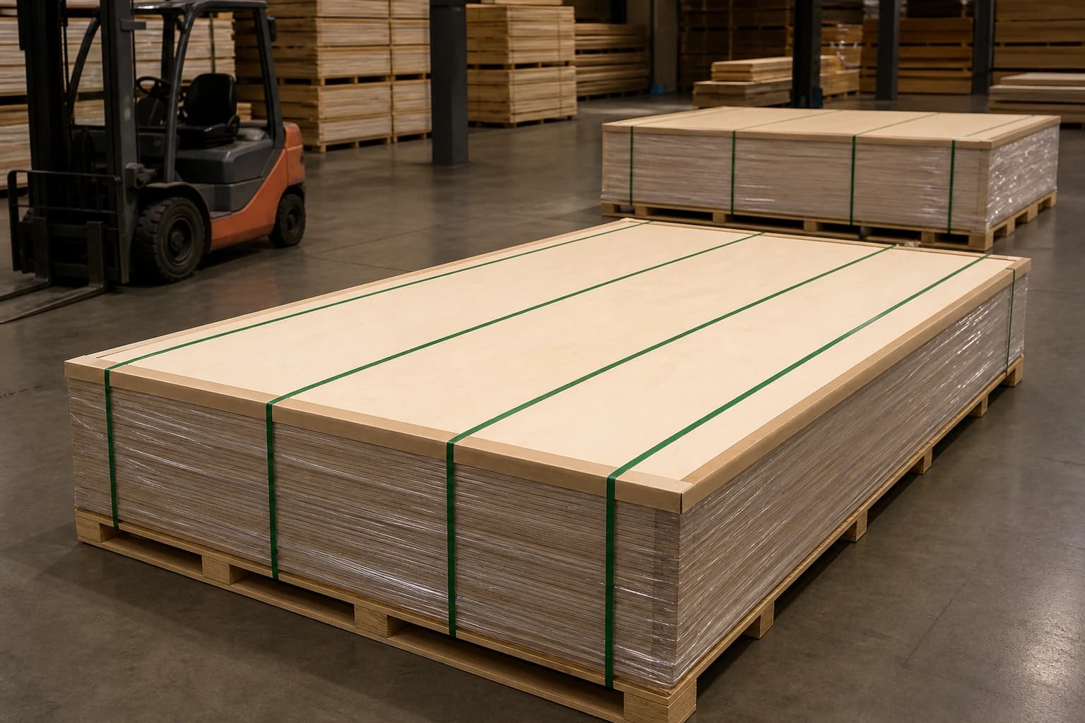 Full-length thin plywood export pack on complete pallet support with top and side protection moisture wrap and continuous parallel straps in a warehouse