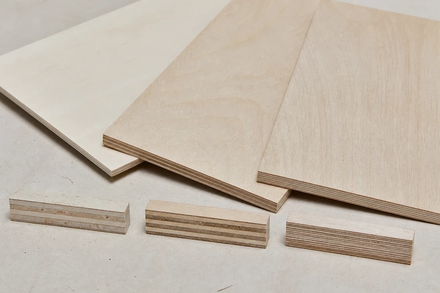 Poplar, birch-faced balanced-core and all-birch thin plywood panels with continuous veneer-layer cross-section coupons