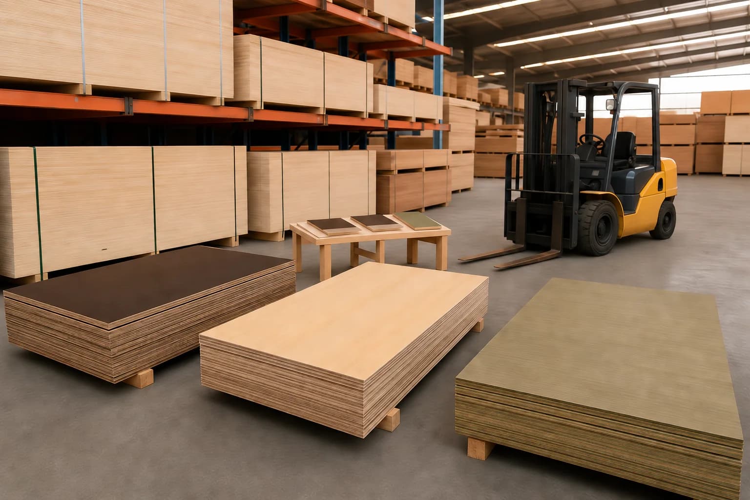 Plywood warehouse with three unstrapped panel stacks in the foreground, sample boards and a parked forklift