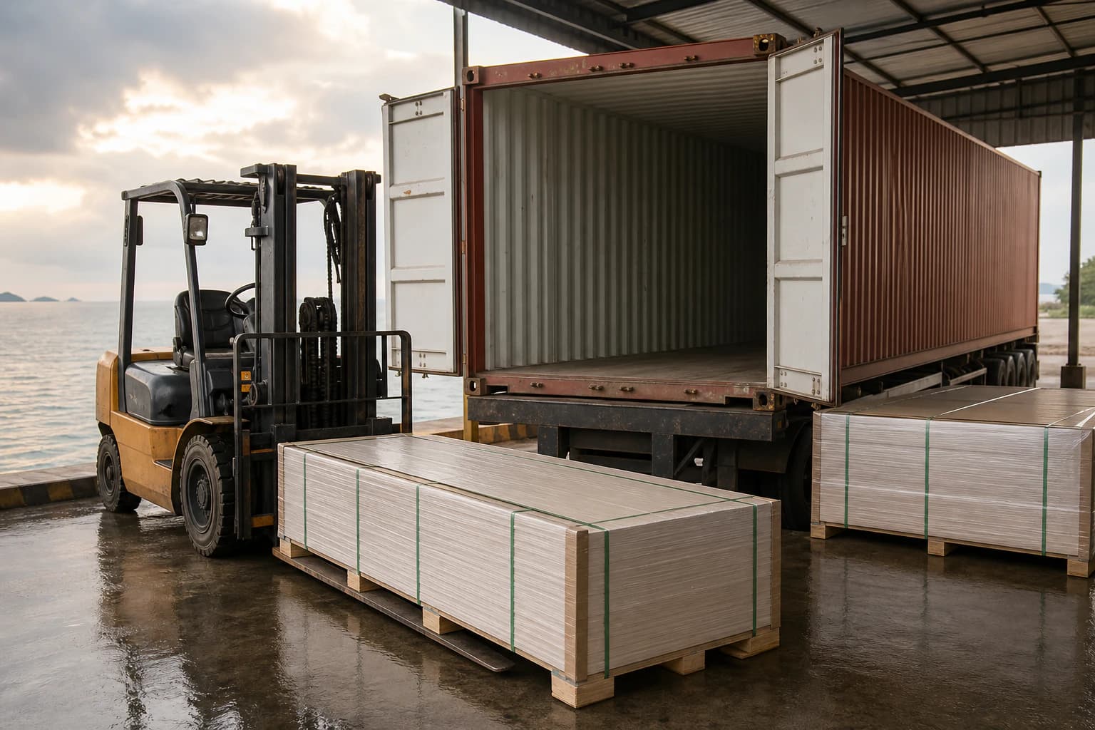 Protected plywood export bundles on aligned supports beside a forklift and open container in a covered coastal next steps area