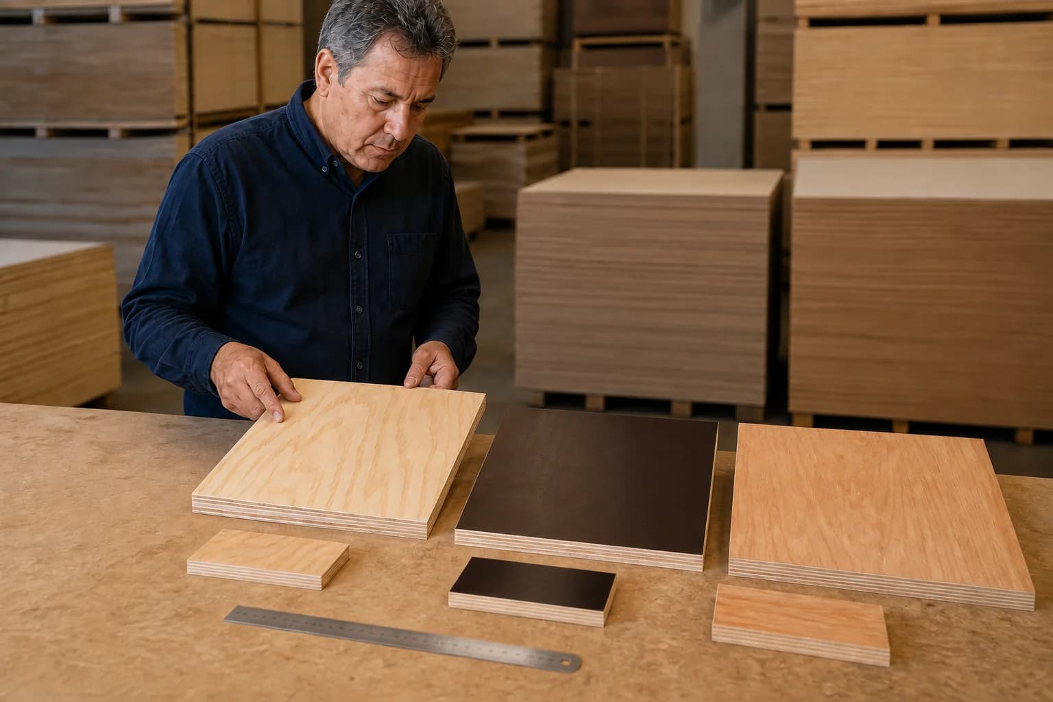 Buyer comparing natural, dark-faced and brown plywood samples on a warehouse inspection bench