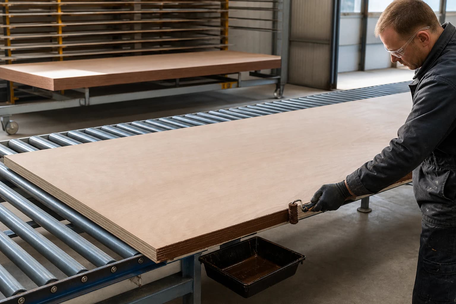 Factory operator applying a thin continuous waterproof edge-sealing coating to a plywood sheet fully supported on a level roller table