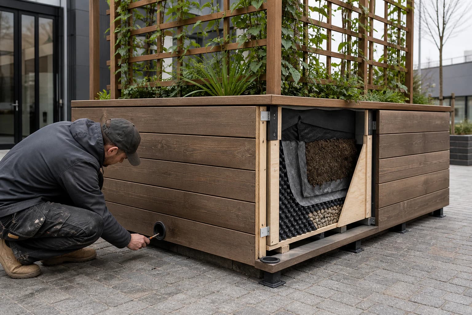 Installer checking a raised outdoor planter with soil-isolating liner, drainage mat, gravel outlet and ventilated cladding cavity