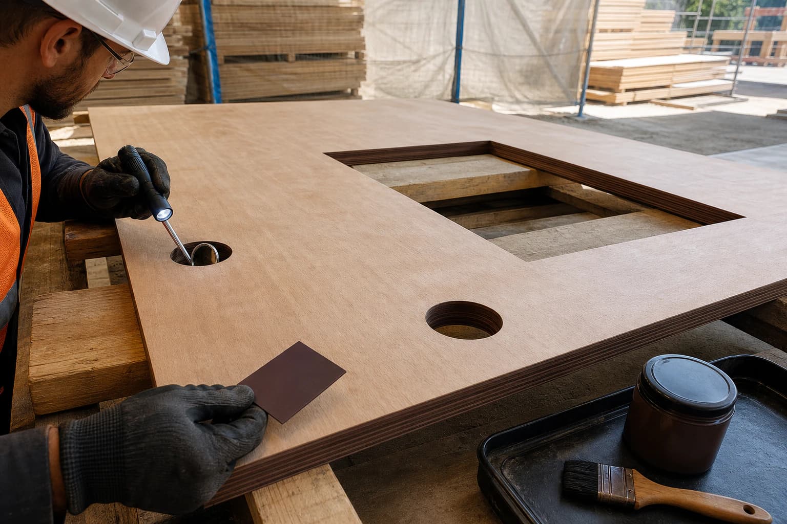 Site inspector using a mirror and flashlight to check sealed drilled holes and a protected service cut-out in supported exterior plywood