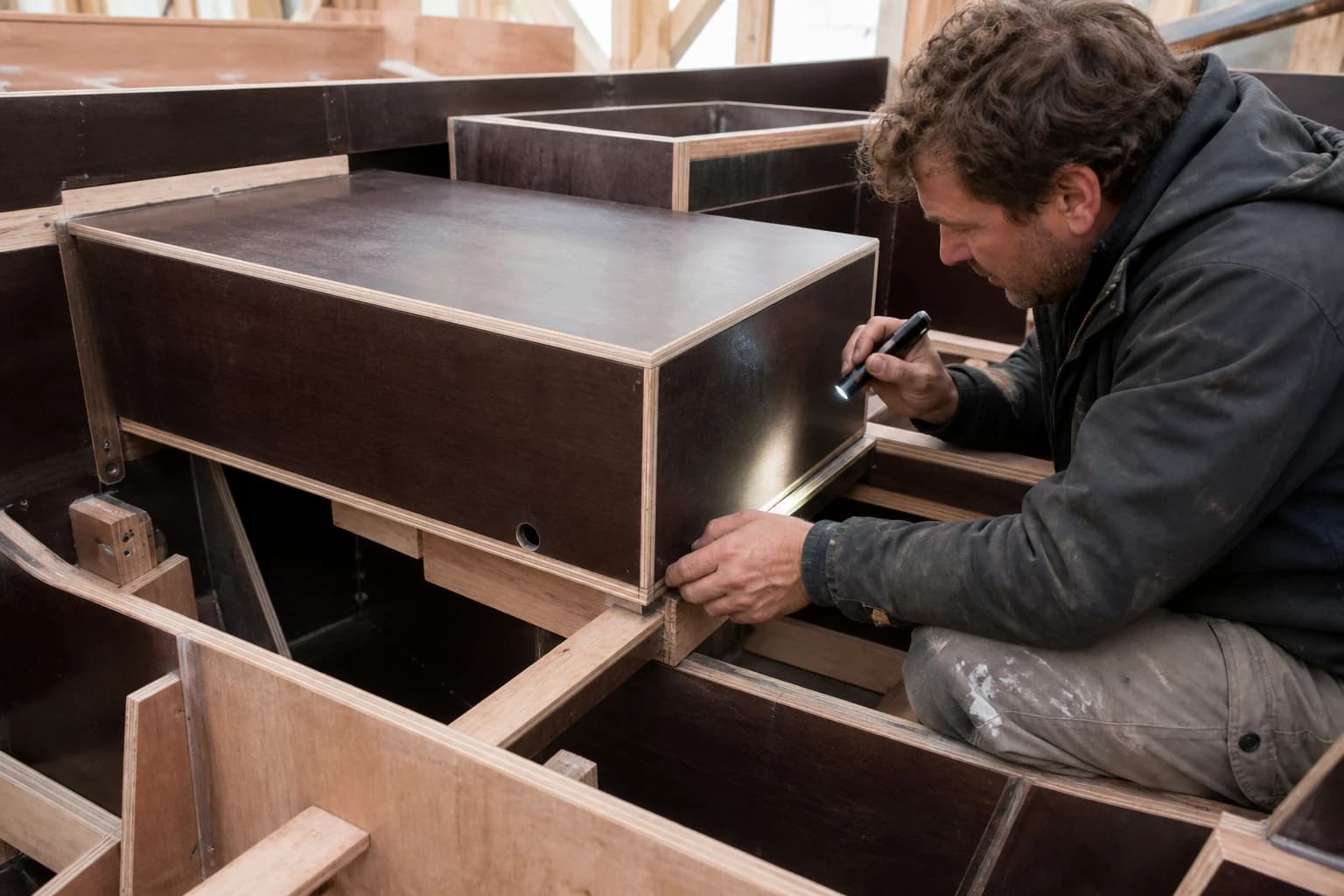Worker inspecting a supported coated plywood locker component, sealed edges and drainage opening inside an unfinished utility workboat