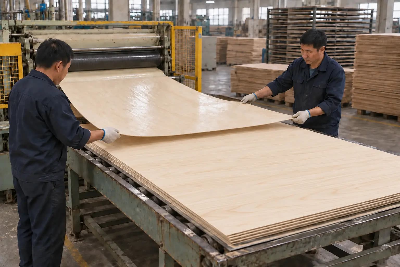 Two operators supporting a full-size glue-coated pale birch veneer from a guarded spreader and aligning it across the horizontal grain of the preceding ply