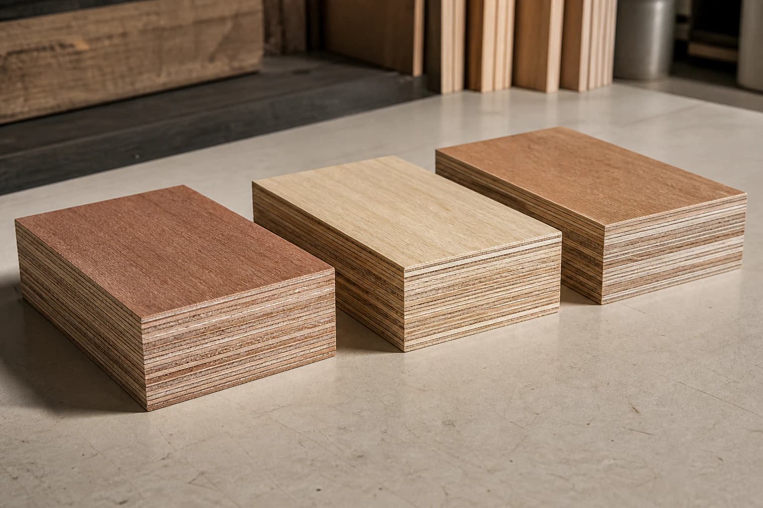 Marine plywood edge specimens showing selected face veneers, alternating core layers and void-control construction options
