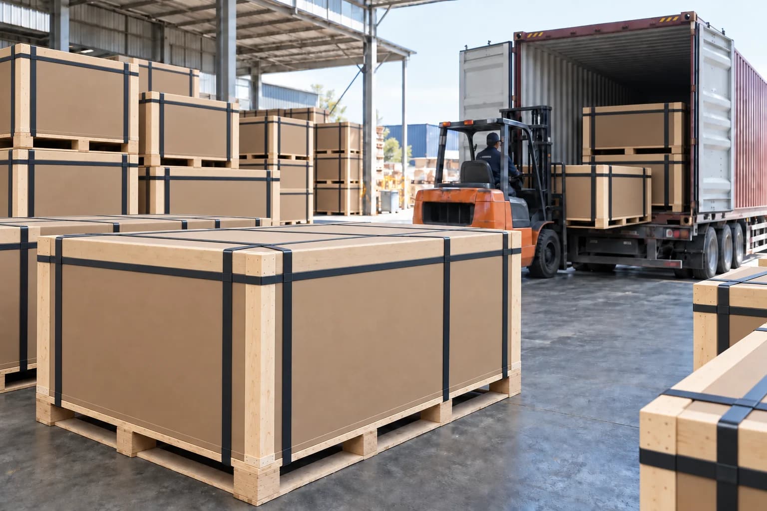 Export-packed plywood bundles beside a forklift and open shipping container in a covered loading area