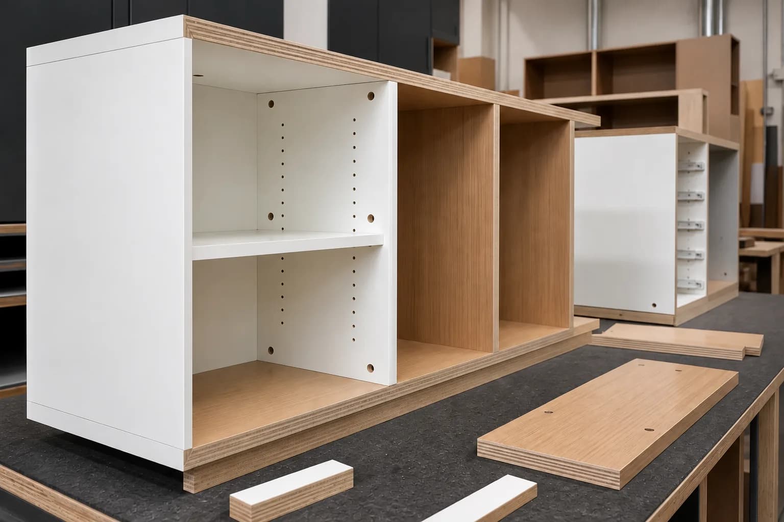 Melamine plywood cabinet and shelving modules showing continuous white edge banding, woodgrain faces and visible plywood details in an interior workshop.