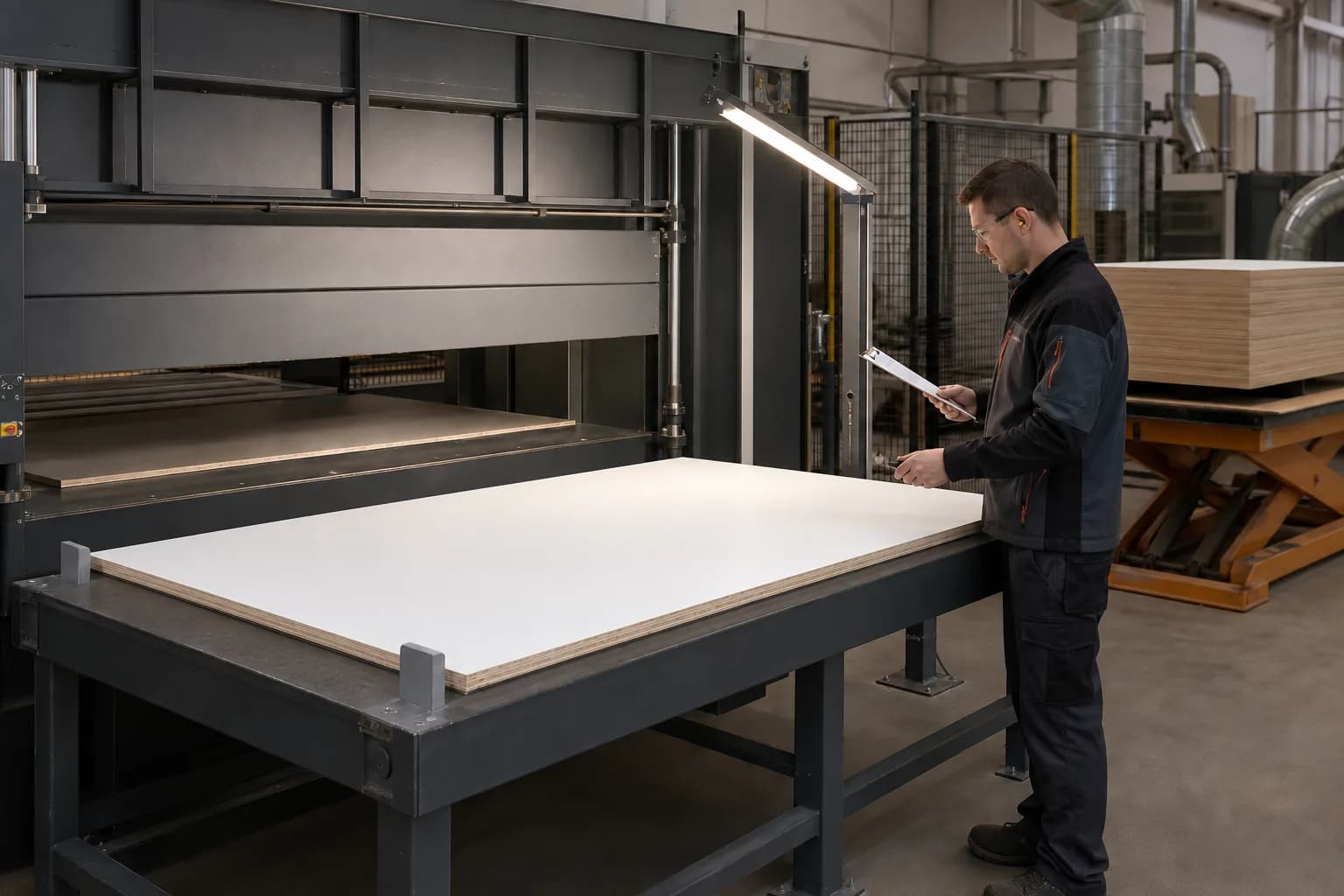 Level melamine plywood press and inspection station with a realistically proportioned cabinet panel fully supported and a worker recording the surface check.