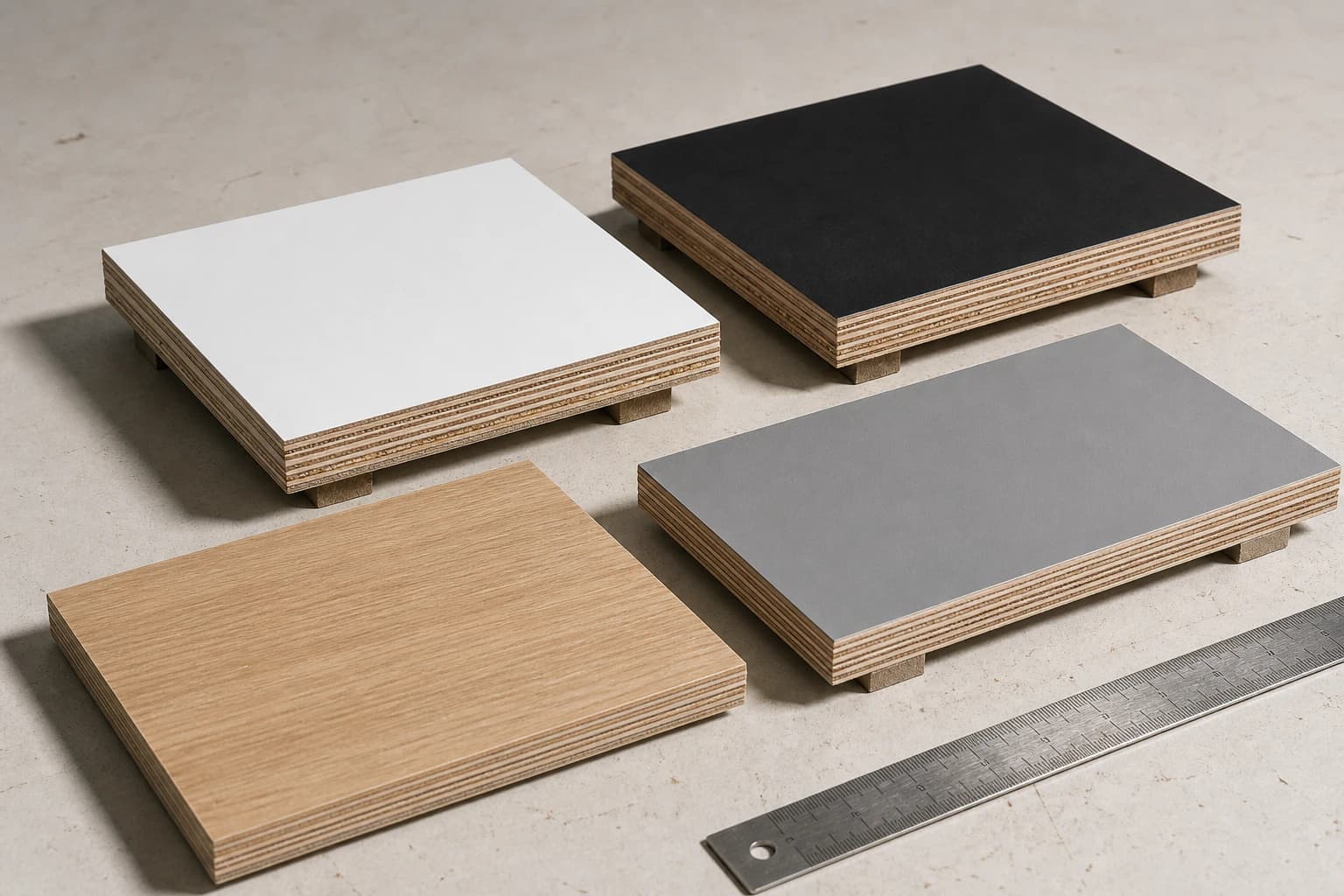 White, black, woodgrain and grey melamine plywood samples with thin direct decorative surfaces and visible cross-laminated plywood edges.