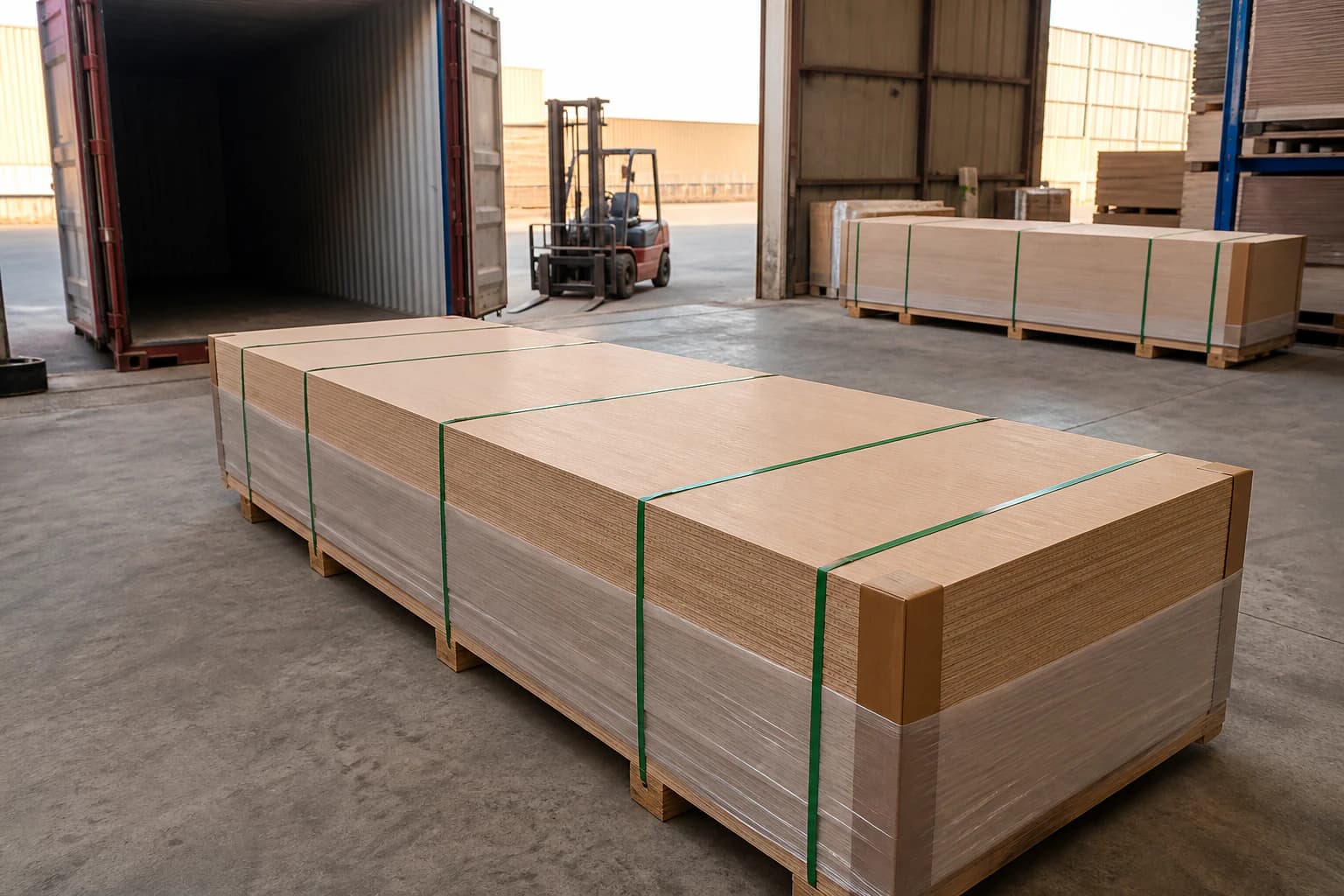 Long rectangular plywood export bundles with aligned bearers, edge protection, wrap and parallel straps in a shaded loading area
