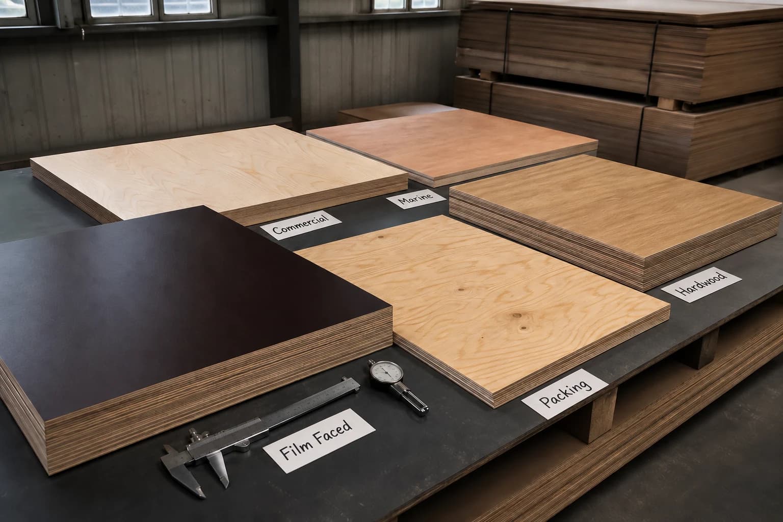 Five plywood sample groups identified by handwritten Film Faced, Commercial, Marine, Hardwood and Packing labels