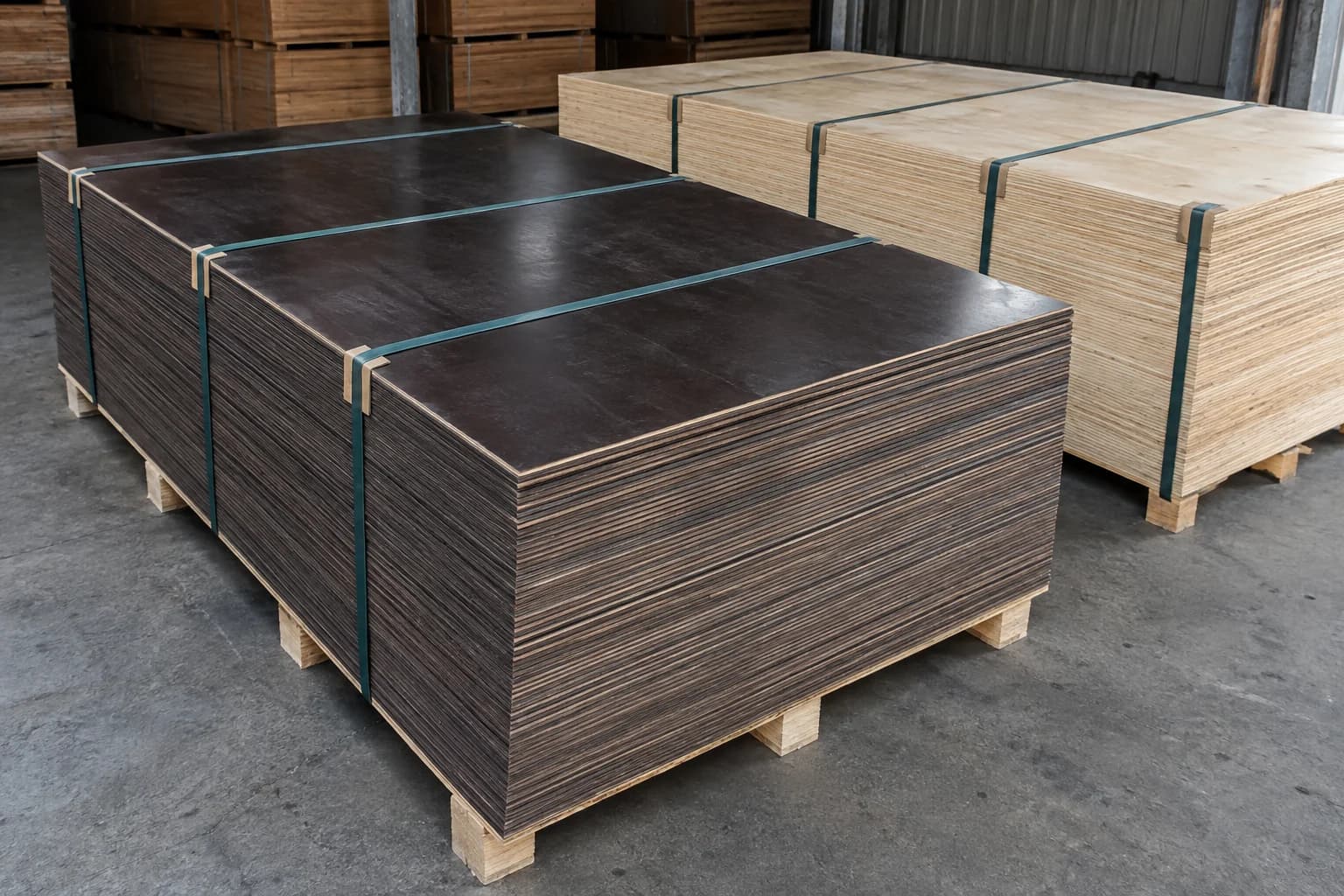 Separate film-faced and natural plywood packs with parallel continuous strapping, corner protection and aligned bearers in a shaded warehouse