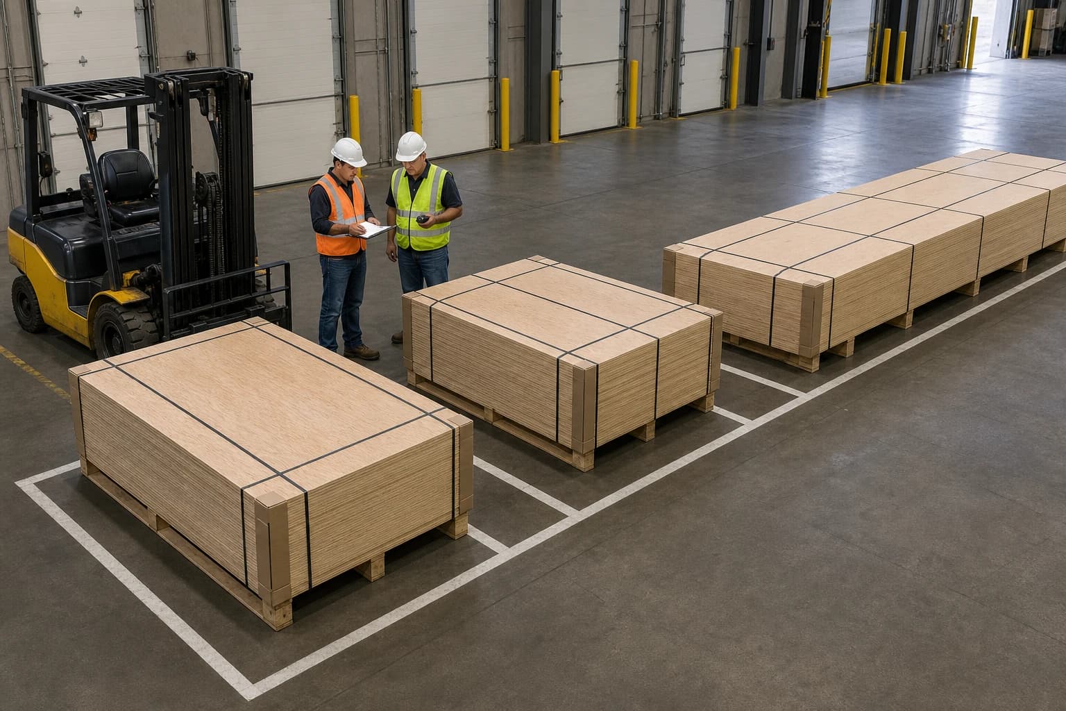 Distributor receiving area with standard, metric and long-format plywood bundles separated on level supports for inspection