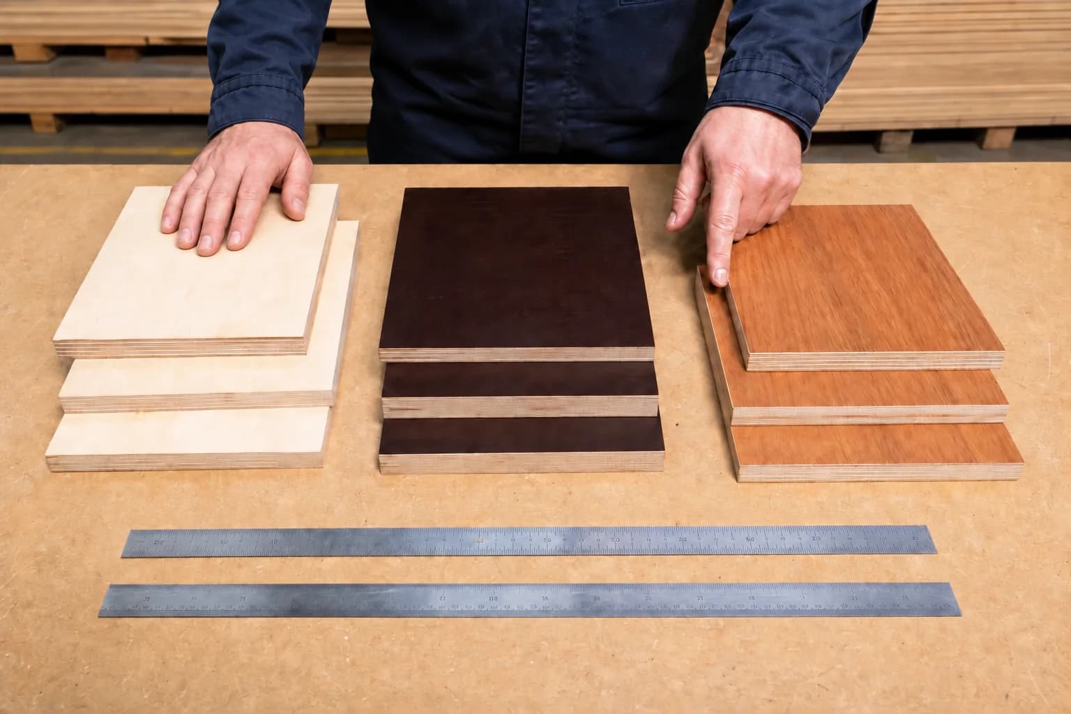 Worker comparing three plywood sample stacks beside metric and imperial rulers on an inspection bench